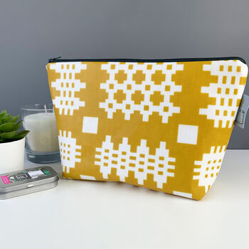 Welsh Blanket Print Wash Bag/Make Up Bag Mustard Yellow, 3 of 3