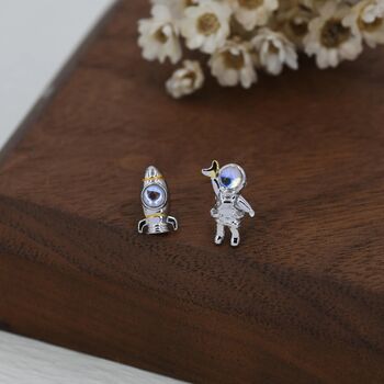 Mismatched Astronaut And Rocket Stud Earrings In Sterling Silver With Lab Moonstone, 3 of 12