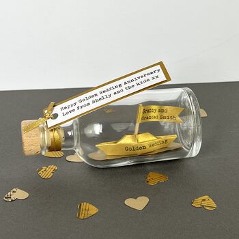 Personalised Gold Paper Ship In A Bottle – Golden Anniversary Gift, 9 of 12