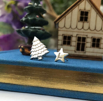 Mismatched Christmas Tree And Initial Star Earrings, 7 of 9