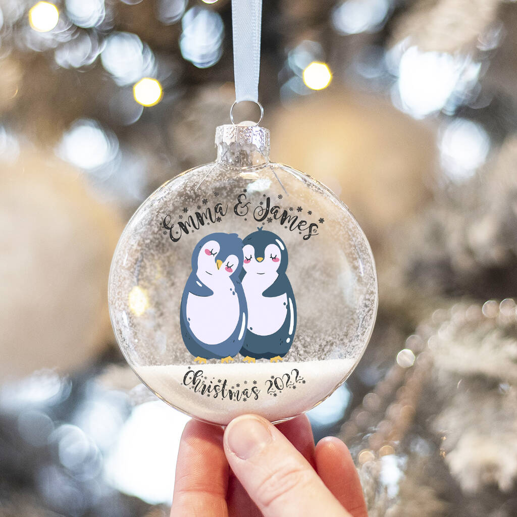 Personalised Penguin Couple Glass Christmas Tree Bauble By Love Lumi Ltd