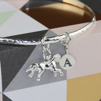 Personalised Hammered Bangle With Silver Horse Charm, 2 of 3