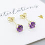 Solid 9ct Yellow Gold February Amethyst Birthstone Stud Earrings, thumbnail 1 of 9