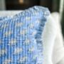 Handmade Quilted Block Print Blue Ruffle Cushion, thumbnail 1 of 5