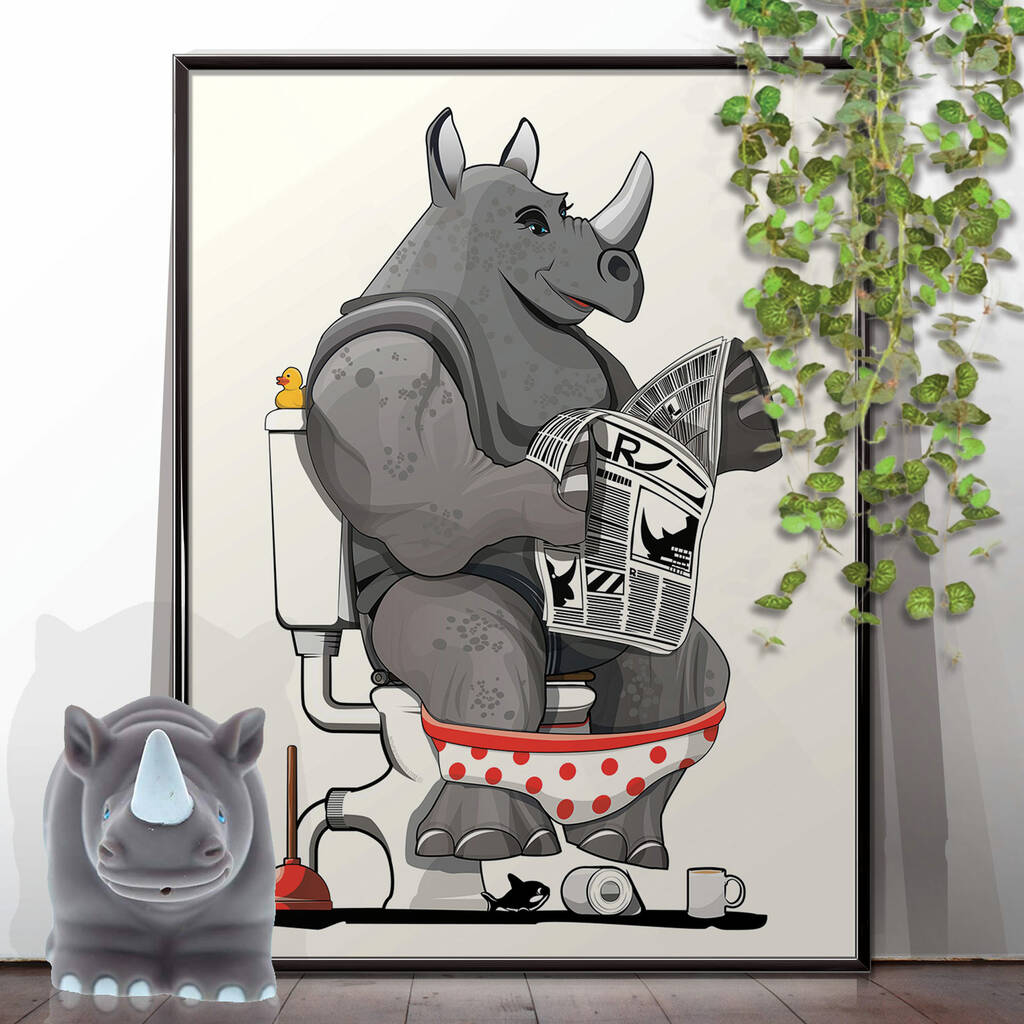 Rhino On The Toilet Poster. Funny Bathroom Print, 1 of 6