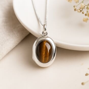 Personalised Mens Sterling Silver Gold Tigers Eye Locket, 2 of 11