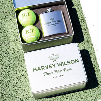 Personalised Tennis Tin With Hip Flask Gift For Him, 5 of 8