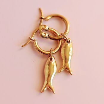 Handmade Fish Charm Gold Plated Hoop Earrings, 3 of 6
