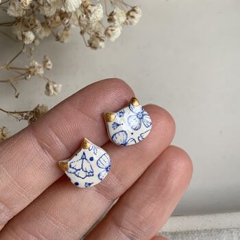 Blue Floral Ceramic Cat Earrings Vintage Blue, 3 of 8