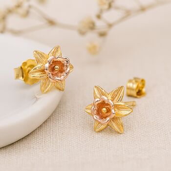 Gold Plated Sterling Silver Daffodil Stud Earrings – 8mm, 2 of 6