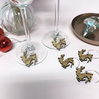 Personalised Five Christmas Reindeer Wine Glass Charms, 3 of 10