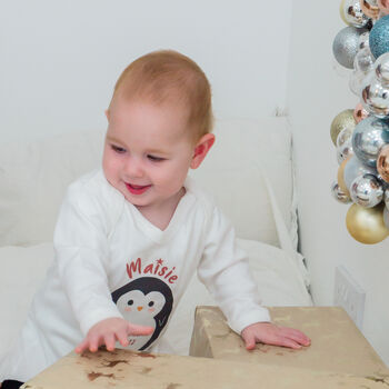 Personalised Penguin Baby First Christmas Babygrow, 4 of 12