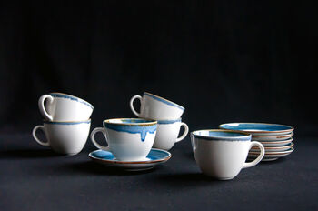 Blue Set Of Six Handmade Porcelain Tea Cup With Saucer, 3 of 10