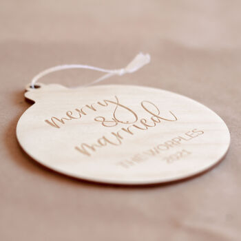Personalised Wooden Merry And Married Christmas Bauble, 2 of 4