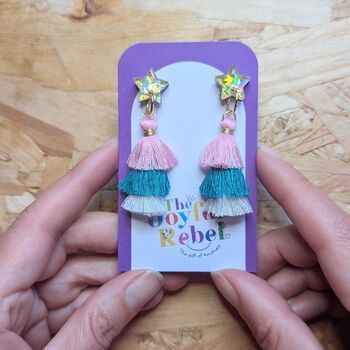 Green Tassel Dangly Christmas Star Earrings, 2 of 4