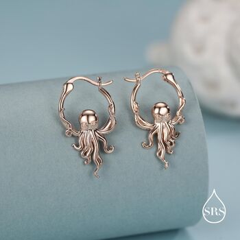 Sterling Silver Octopus Charm Hoop Earrings, 2 of 11