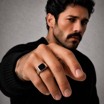 Men's Stainless Steel And Black Onyx Signet Ring, Bold, Modern Statement Jewellery For Him, 3 of 10