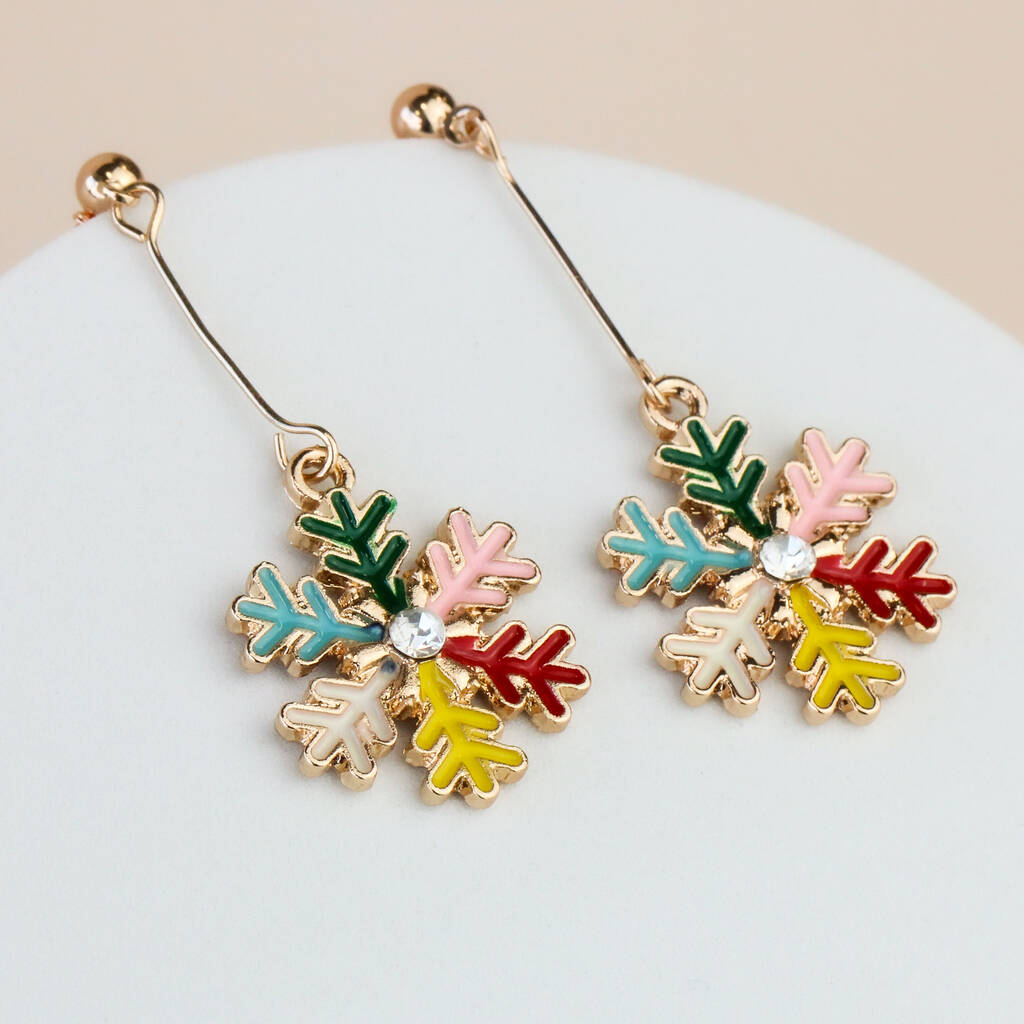 Christmas Gold Colourful Snowflake Dangle Stud Earrings, 1 of 3