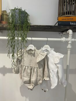 Personalised Mable Linen Baby Romper, 2 of 3