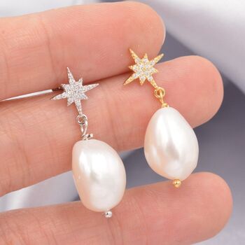 Sterling Silver Starburst Dangling Baroque Pearl Drop Earrings, 4 of 12