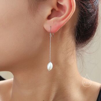 Sterling Silver Genuine Oval Freshwater Pearl Drop Hook Earrings, 2 of 11