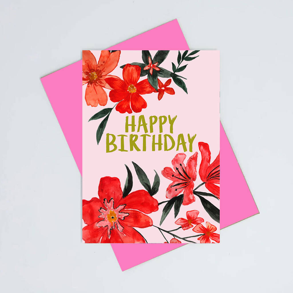 Floral Red Birthday Card By Lousurfacepattern