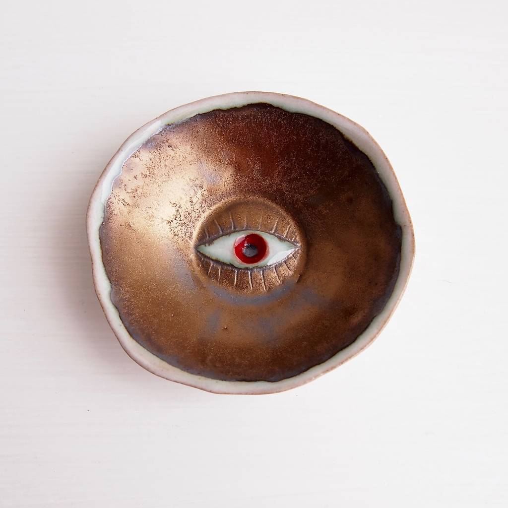 Handmade Pottery Gold Ring Dish With Eyes Decoration By