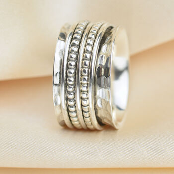 Hammered Sterling Silver Beaded Band Spinner Ring, 3 of 6