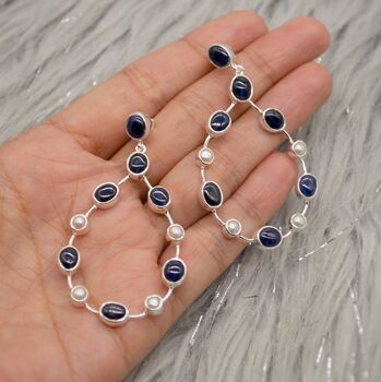 Blue Sapphire And Pearl Hoop Earrings, 10 of 12