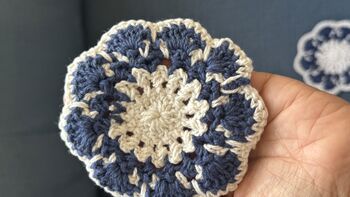 Six Crochet Coasters, Blue White, Citrus, Sunflower, 3 of 12