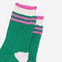 Glitter Mid Calf Ribbed Cotton Socks Varsity Striped Cuff Green Pink, thumbnail 2 of 4