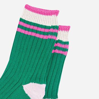 Glitter Mid Calf Ribbed Cotton Socks Varsity Striped Cuff Green Pink, 2 of 4