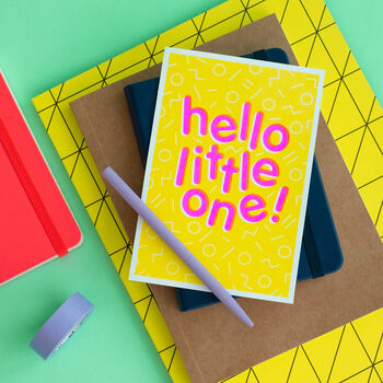 Hello Little One! Handmade Baby Card Neon Pink/Yellow, 3 of 7
