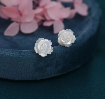 Hand Carved Mother Of Pearl Rose Flower Stud Earrings, 2 of 9