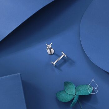 Four Point Star Internally Threaded Flat Back Earrings In Sterling Silver, 4 of 11