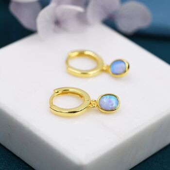 Sterling Silver Dangling Oval Blue Opal Hoop Earrings, 3 of 10