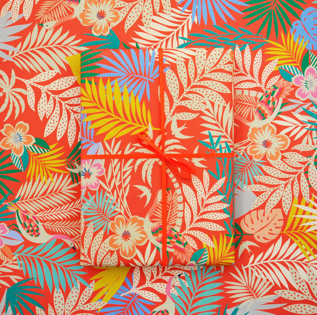 Six Sheets Of Tropical Wrapping Paper In Red, 1 of 2