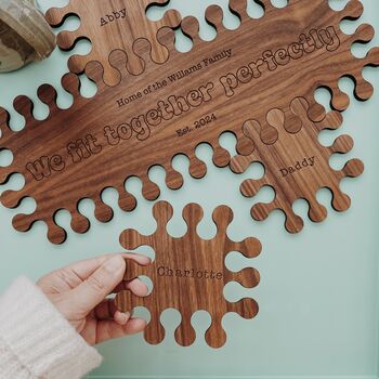 Personalised Walnut Interlocking Sharing Board And Coasters, 2 of 6