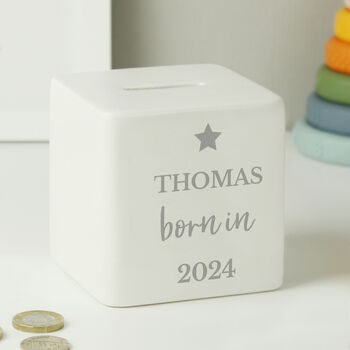 Personalised Born In Ceramic Square Money Box, 5 of 5