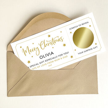 Personalised Christmas Surprise Scratch Card: Stars And Gold Circle Design, 8 of 8