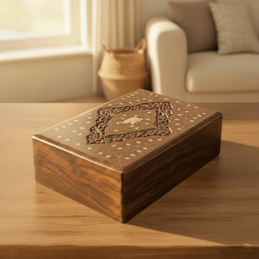 Gift For Mum; Floral Carved And Elephant Inlaid Large Box, 1 of 6