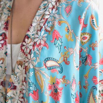 Exotic Floral Viscose Kaftan Jacket With Heavy Cream Fishbone Embroidery, 4 of 6