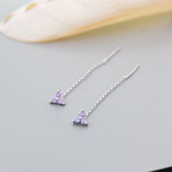 Sterling Silver Purple Cz Trio Flower Threader Earrings, 8 of 11