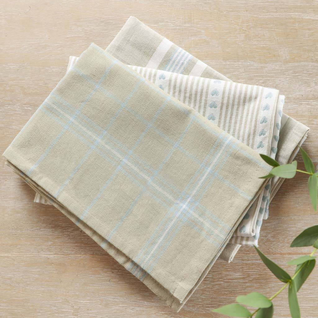 Set Of Three Cream And Blue Farmhouse Tea Towels By Dibor