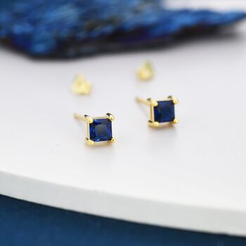 Princess Cut Dark Sapphire Blue Cz Stud Earrings, 7 of 12