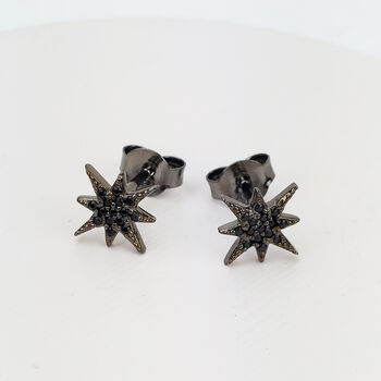 Black Rhodium Plated Sparkling Star Stud Earrings, 2 of 2
