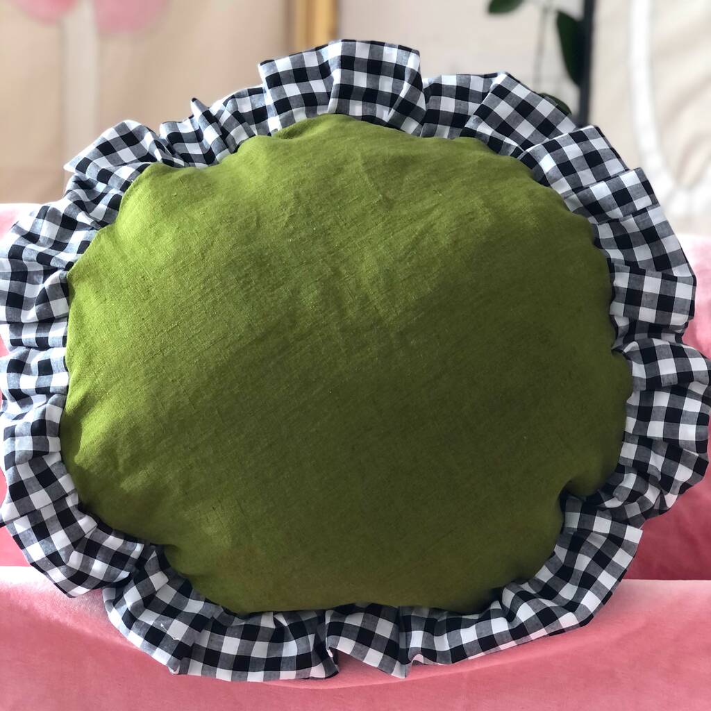 Green And Gingham Round Cushion By Kelly Connor Designs