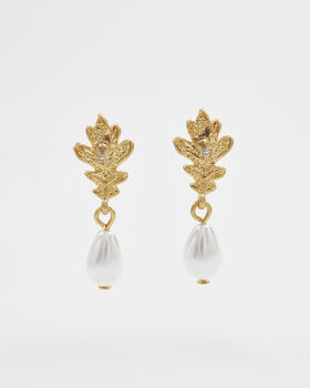 Oak Leaf Pearl Drop Gold Earrings, 4 of 8