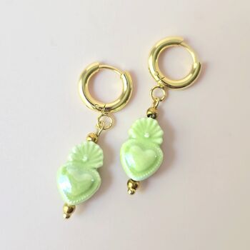 Green Ceramic Sacred Heart Charm Huggie Earrings, 4 of 5