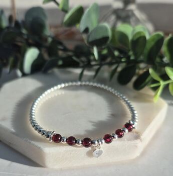 Sterling Silver January Garnet Beaded Bracelet: January Birthstone, Personalised Heart Charm, 5 of 8